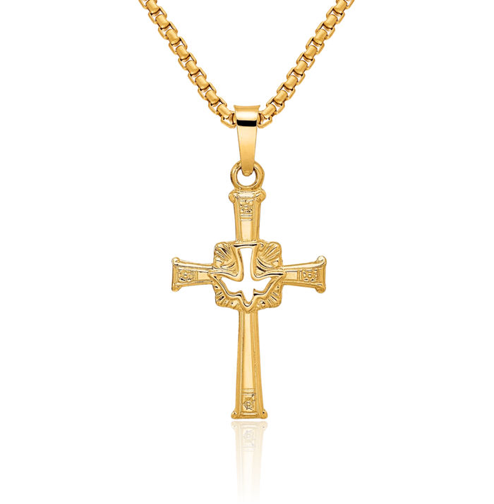 14K Solid Yellow Gold Dove Symbol Peace Love Holy Spirit Cross Necklace Religious Chain Pendant Jesus Christ Charm