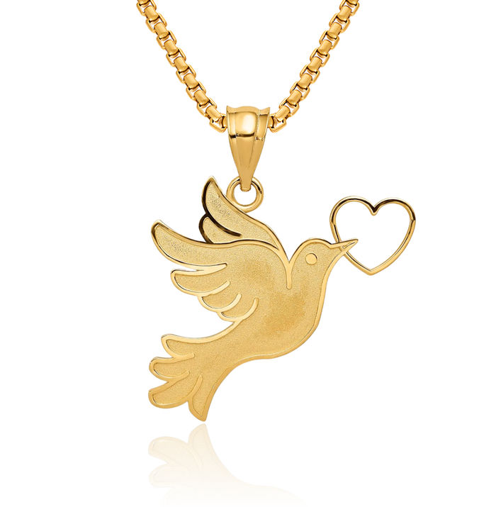 14K Solid Yellow Gold Dove Symbol Peace Love Holy Spirit Bird Heart Necklace Religious Chain Pendant Christian Charm