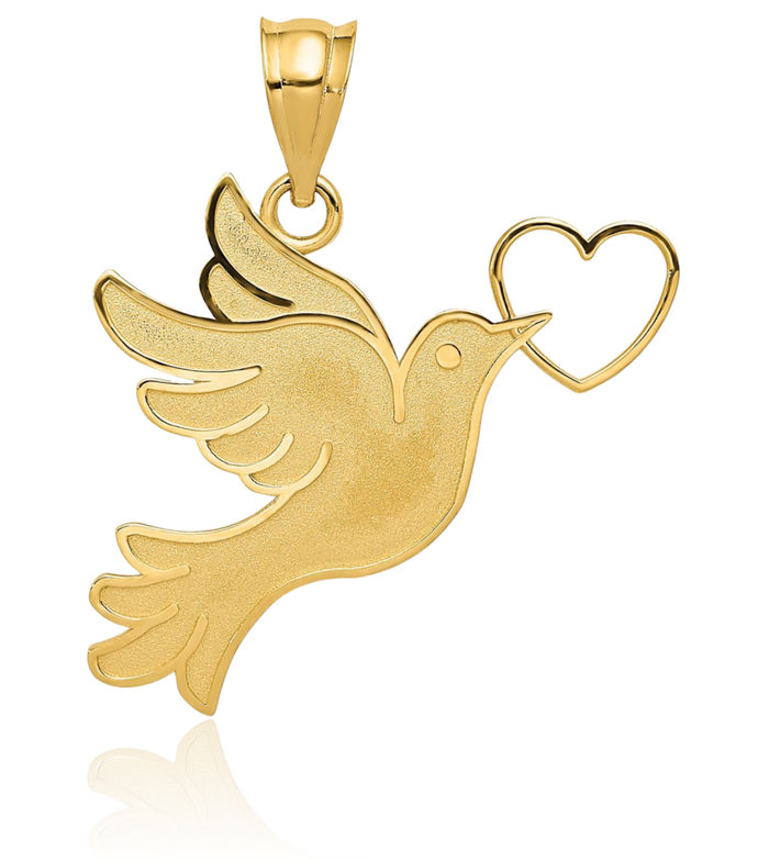 14K Solid Yellow Gold Dove Symbol Peace Love Holy Spirit Bird Heart Necklace Religious Chain Pendant Christian Charm