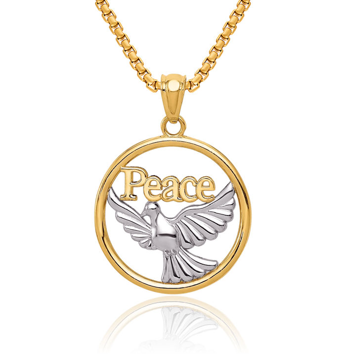 14K Solid Yellow Gold Peace Dove Symbol Love Holy Spirit Bird Necklace Religious Chain Pendant Christian Charm