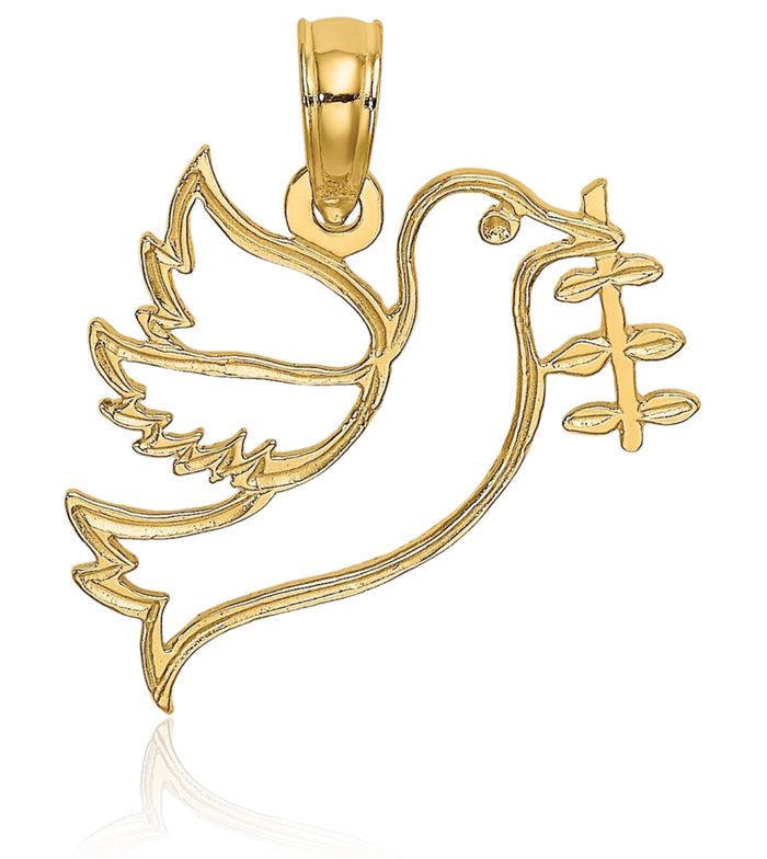 14K Solid Yellow Gold Dove Symbol Peace Love Holy Spirit Bird Olive Branch Necklace Religious Chain Pendant Christian Charm