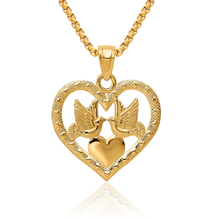 14K Solid Yellow Gold Doves Heart Necklace Love Pendant Charm