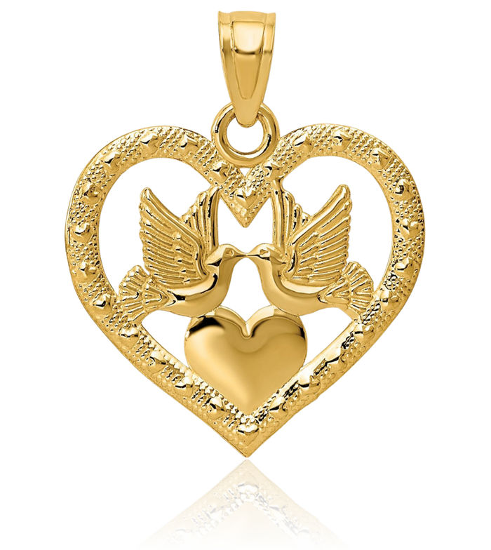 14K Solid Yellow Gold Doves Heart Necklace Love Pendant Charm