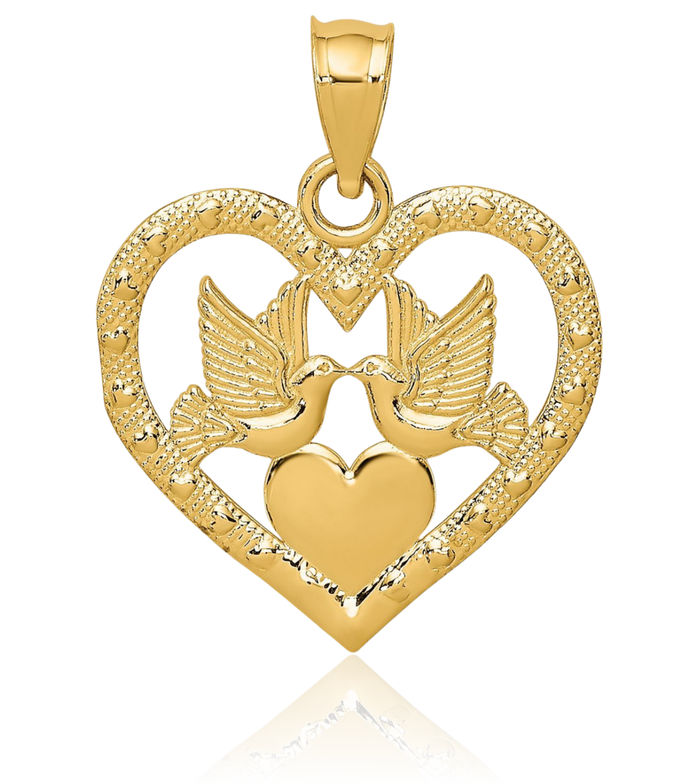 14K Solid Yellow Gold Doves Heart Necklace Love Pendant Charm