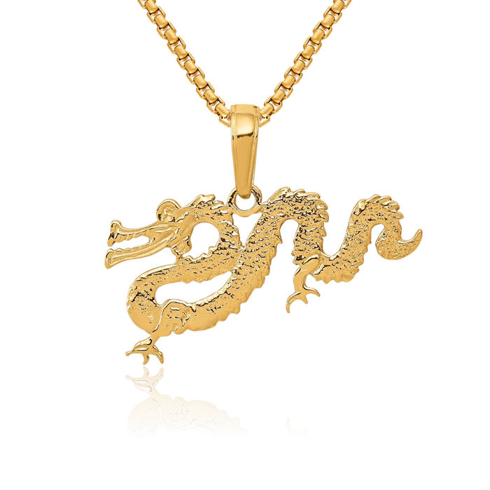 14K Solid Yellow Gold Dragon Necklace Chain Pendant Charm