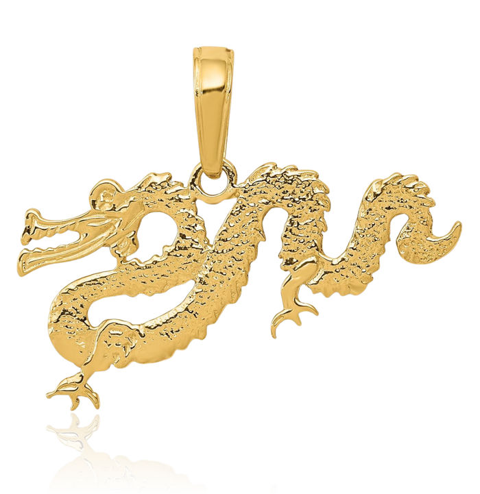 14K Solid Yellow Gold Dragon Necklace Chain Pendant Charm