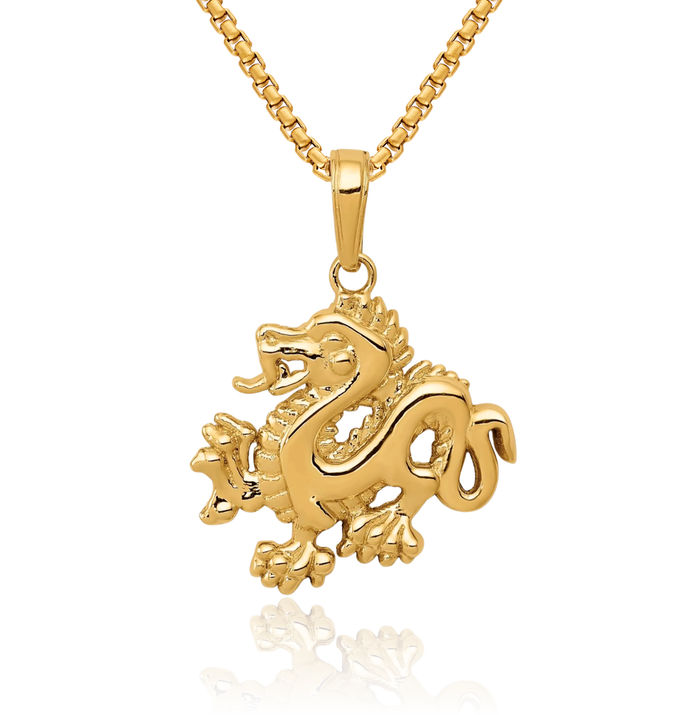 14K Solid Yellow Gold Dragon Necklace Chain Pendant Charm