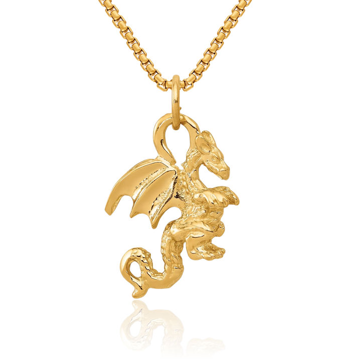 14K Solid Yellow Gold Dragon Necklace Chain Pendant Charm