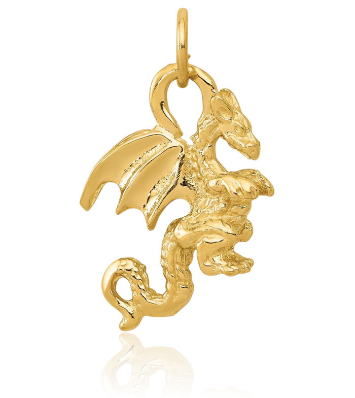 14K Solid Yellow Gold Dragon Necklace Chain Pendant Charm