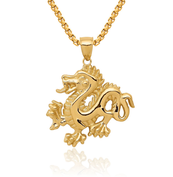 14K Solid Yellow Gold Dragon Necklace Chain Pendant Charm