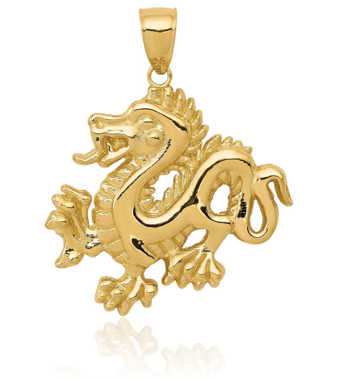 14K Solid Yellow Gold Dragon Necklace Chain Pendant Charm