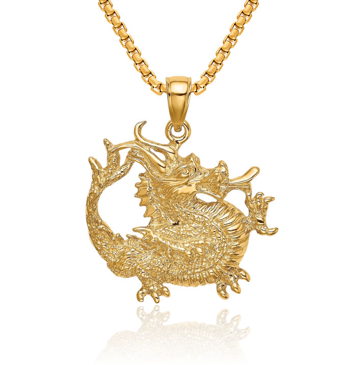 14K Solid Yellow Gold Dragon Necklace Chain Pendant Charm