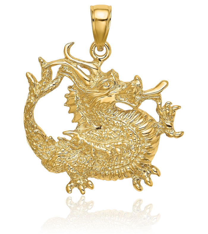 14K Solid Yellow Gold Dragon Necklace Chain Pendant Charm