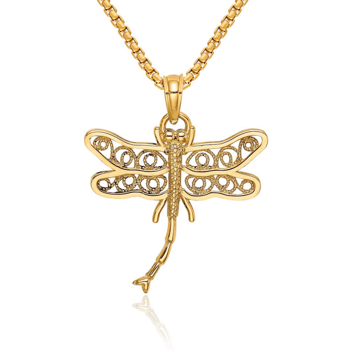 14K Solid Yellow Gold Dragonfly Beaded Antique Filigree Wings Necklace Chain Pendant Charm