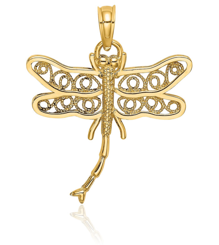 14K Solid Yellow Gold Dragonfly Beaded Antique Filigree Wings Necklace Chain Pendant Charm