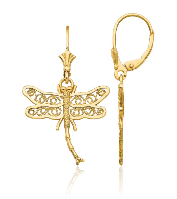 14K Solid Yellow Gold Dragonfly Antique Filigree Wings Drop Dangle Earrings