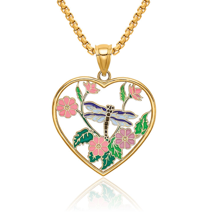 14K Solid Yellow Gold Dragonfly Flower Heart Necklace Love Pendant Charm