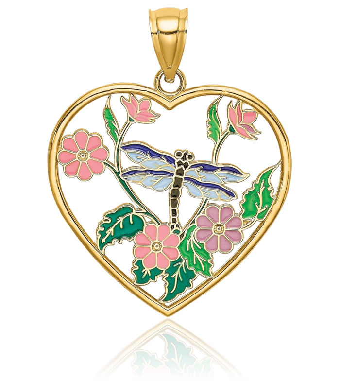 14K Solid Yellow Gold Dragonfly Flower Heart Necklace Love Pendant Charm