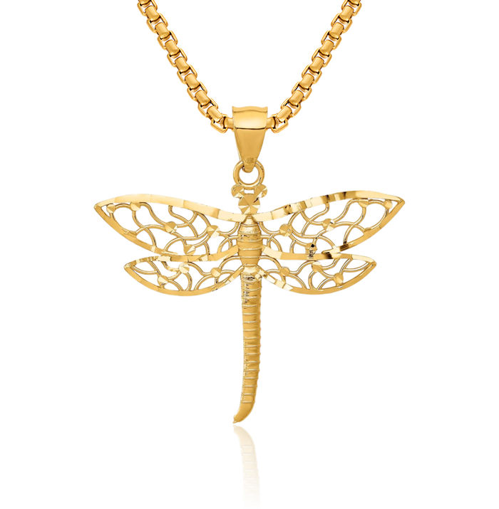 14K Solid Yellow Gold Dragonfly Necklace Chain Pendant Charm