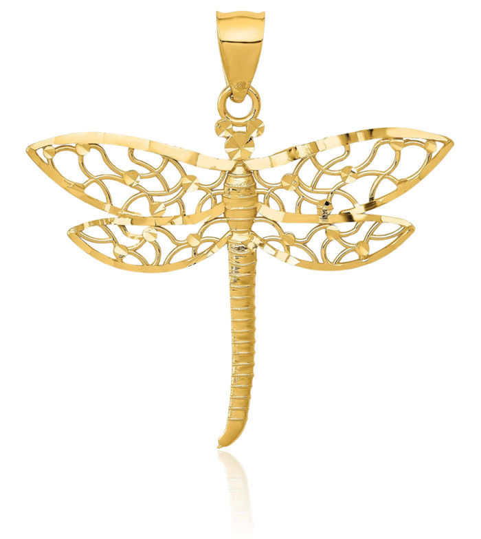 14K Solid Yellow Gold Dragonfly Necklace Chain Pendant Charm