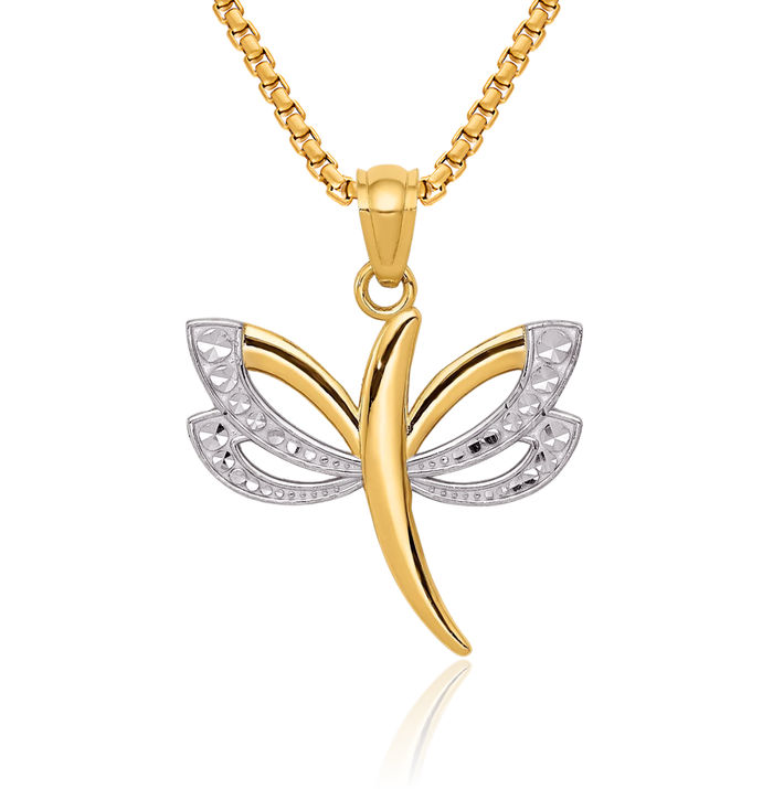 14K Solid Yellow Gold Dragonfly Necklace Chain Pendant Charm