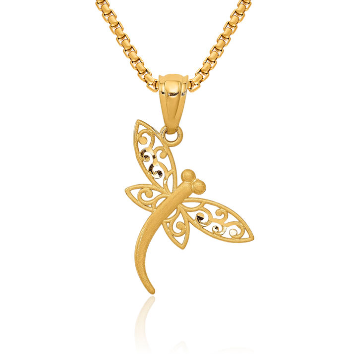 14K Solid Yellow Gold Dragonfly Necklace Chain Pendant Charm