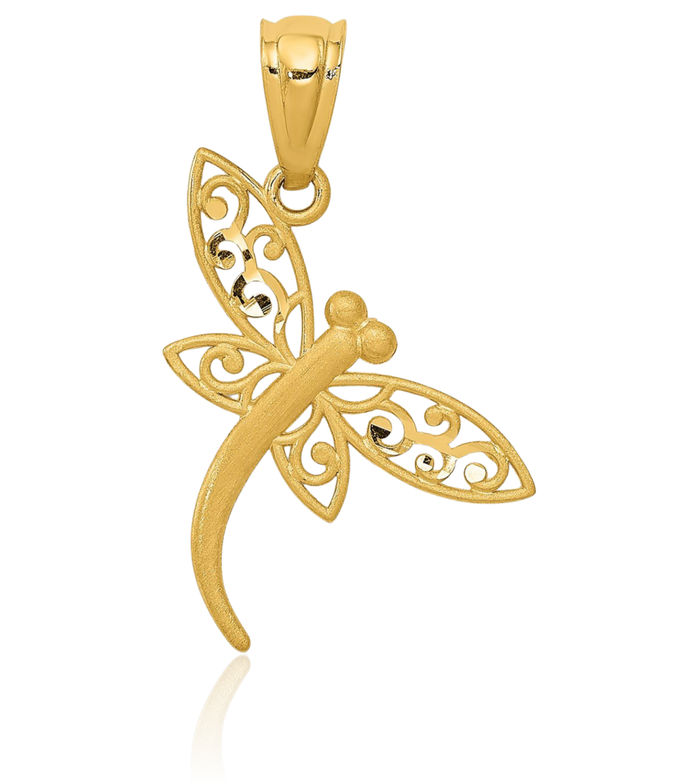 14K Solid Yellow Gold Dragonfly Necklace Chain Pendant Charm