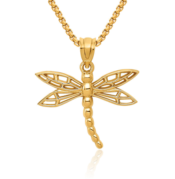 14K Solid Yellow Gold Dragonfly Necklace Chain Pendant Charm