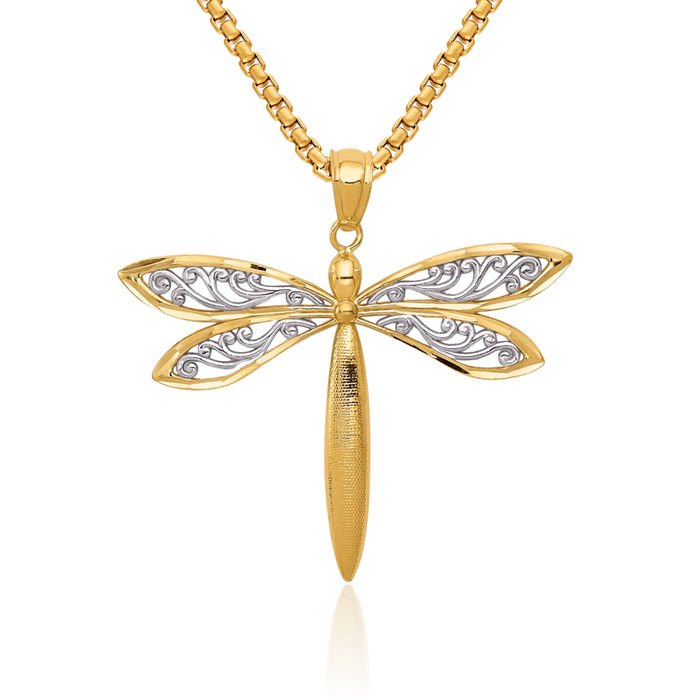 14K Solid Yellow Gold Dragonfly Necklace Chain Pendant Charm