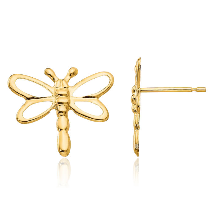 14K Solid Yellow Gold Dragonfly Studs Earrings