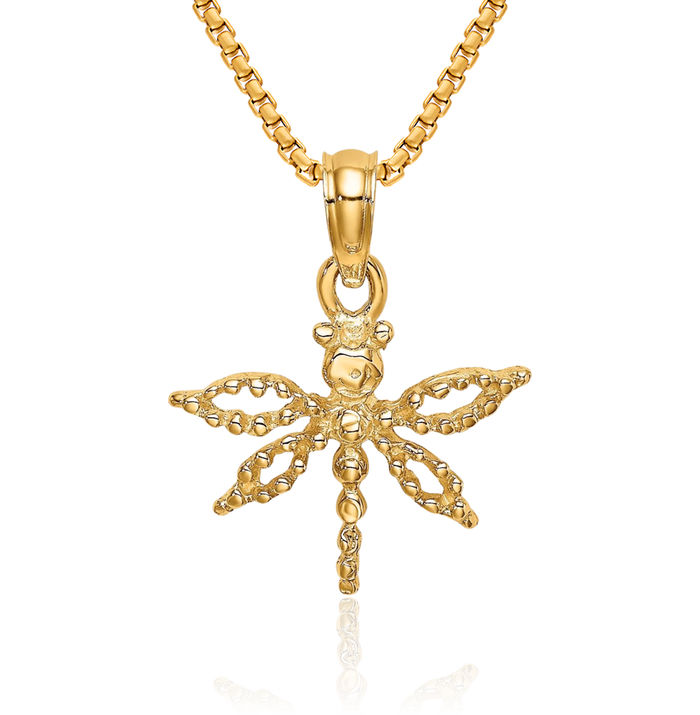 14K Solid Yellow Gold Dragonfly Wings Necklace Chain Pendant Charm