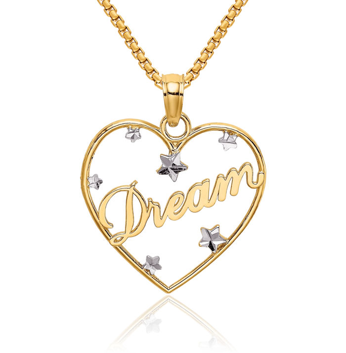 14K Solid Yellow Gold Dream Heart Stars Necklace Chain Pendant Charm