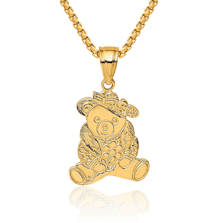 14K Solid Yellow Gold Dressed Up Gummy Teddy Bear Necklace Chain Pendant Charm