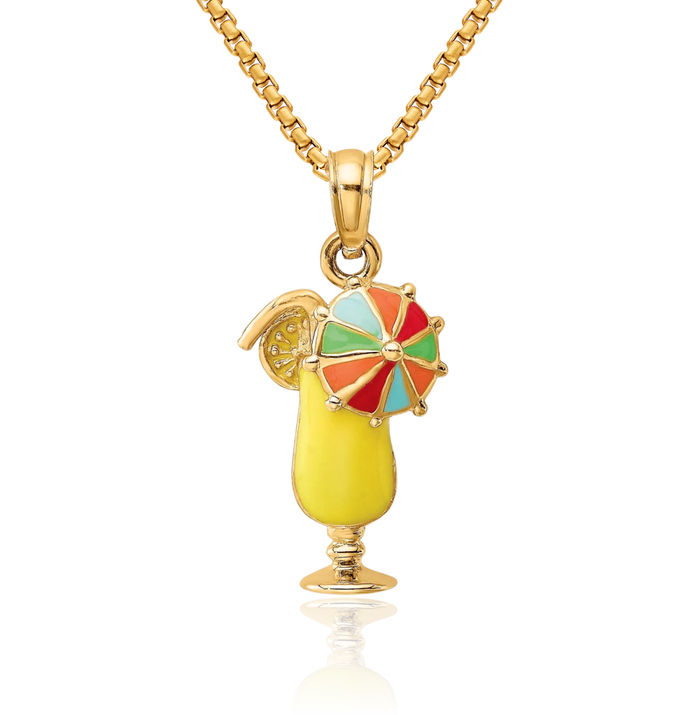 14K Solid Yellow Gold Drink Multi-color Umbrella Necklace Chain Pendant Charm