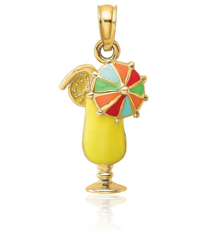 14K Solid Yellow Gold Drink Multi-color Umbrella Necklace Chain Pendant Charm