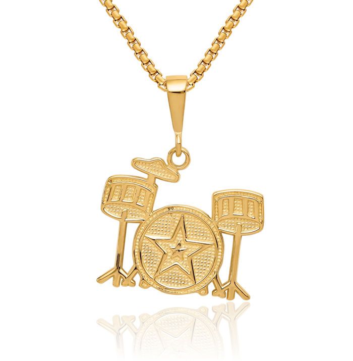 14K Solid Yellow Gold Drum Set Necklace Chain Pendant Charm