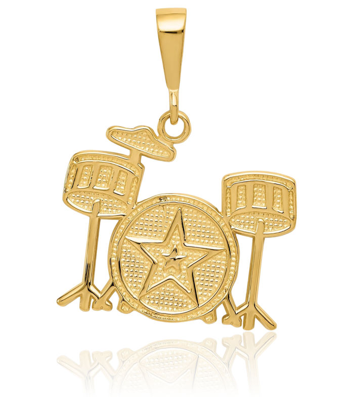 14K Solid Yellow Gold Drum Set Necklace Chain Pendant Charm