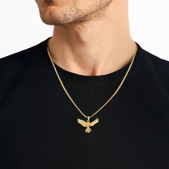 14K Solid Yellow Gold Medium Eagle Pendant Necklace