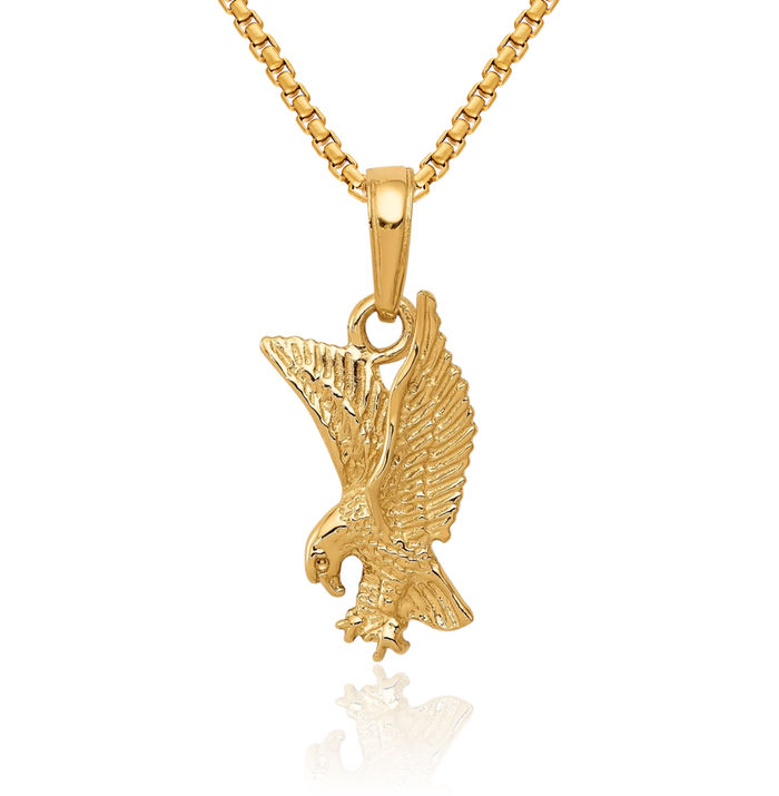 14K Solid Yellow Gold Eagle Symbol of Strength Freedom Hawk Bird Necklace Chain Pendant Charm