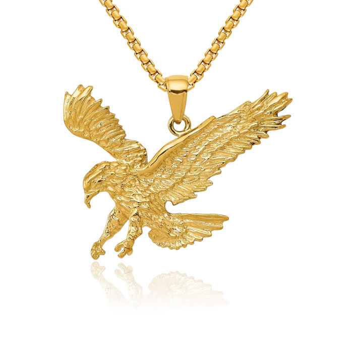 14K Solid Yellow Gold Eagle Symbol of Strength Freedom Hawk Bird Necklace Chain Pendant Charm