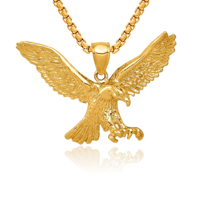 14K Solid Yellow Gold Eagle Symbol of Strength Freedom Hawk Bird Necklace Chain Pendant Charm