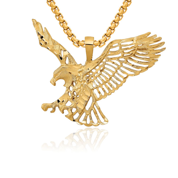 14K Solid Yellow Gold Eagle Symbol of Strength Freedom Hawk Bird Necklace Chain Pendant Charm