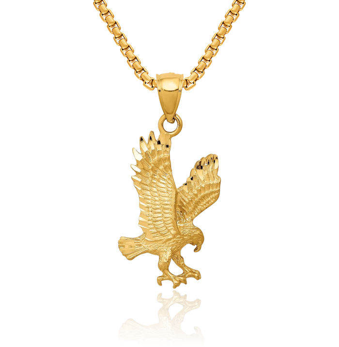 14K Solid Yellow Gold Eagle Symbol of Strength Freedom Hawk Bird Necklace Chain Pendant Charm