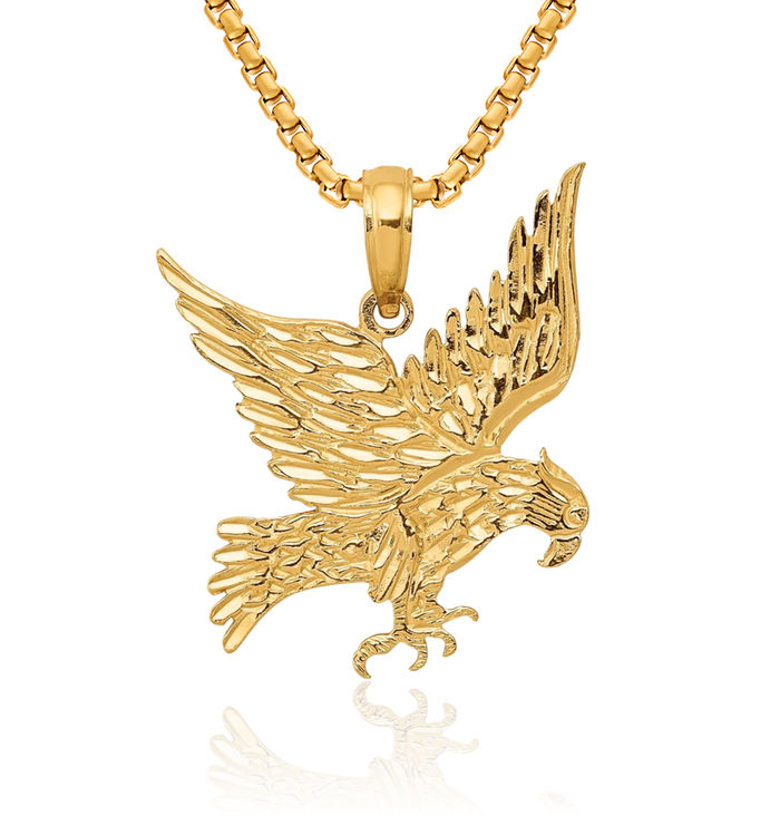 14K Solid Yellow Gold Eagle Symbol of Strength Freedom Hawk Bird Necklace Chain Pendant Charm