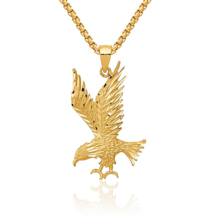 14K Solid Yellow Gold Eagle Symbol of Strength Freedom Hawk Bird Necklace Chain Pendant Charm