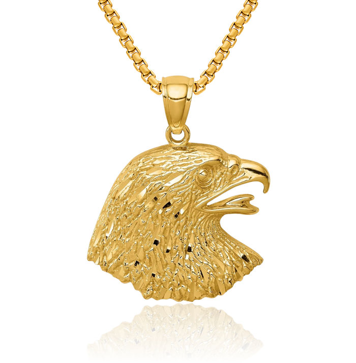 14K Solid Yellow Gold Eagle Symbol of Strength Freedom Hawk Bird Necklace Chain Pendant Charm