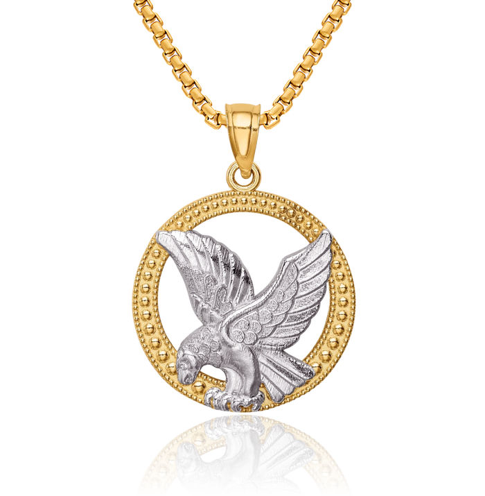 14K Solid Yellow Gold Eagle Symbol of Strength Freedom Hawk Bird Necklace Chain Pendant Charm