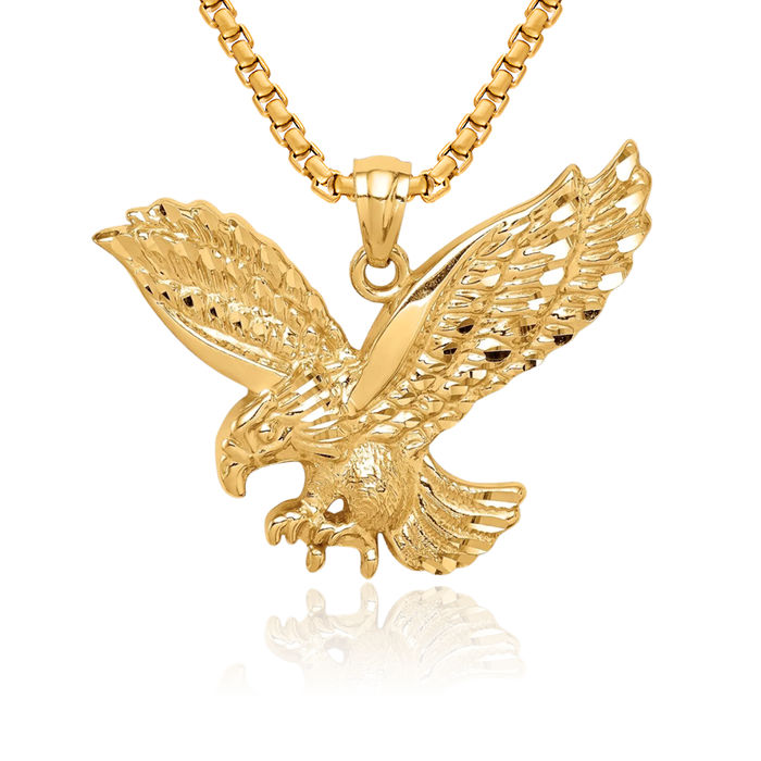 14K Solid Yellow Gold Eagle Symbol of Strength Freedom Hawk Bird Necklace Chain Pendant Charm