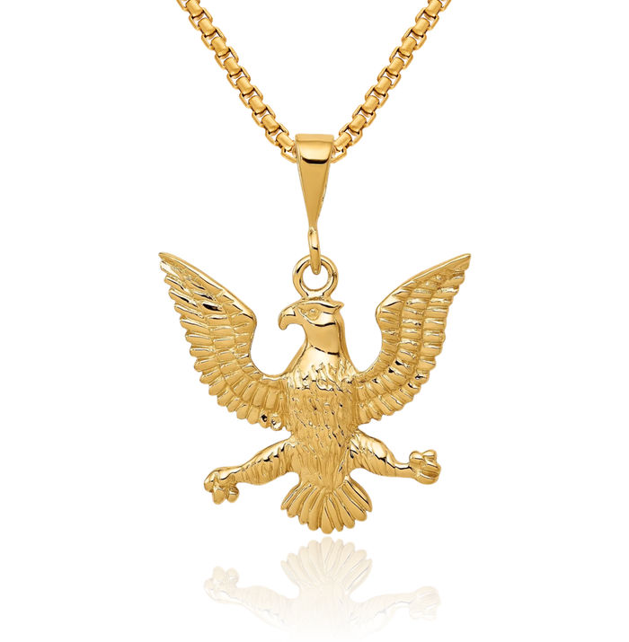 14K Solid Yellow Gold Eagle Symbol of Strength Freedom Hawk Bird Necklace Chain Pendant Charm