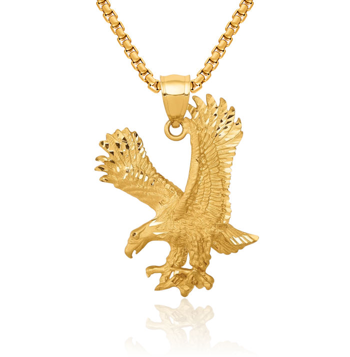 14K Solid Yellow Gold Eagle Symbol of Strength Freedom Hawk Bird Necklace Chain Pendant Charm